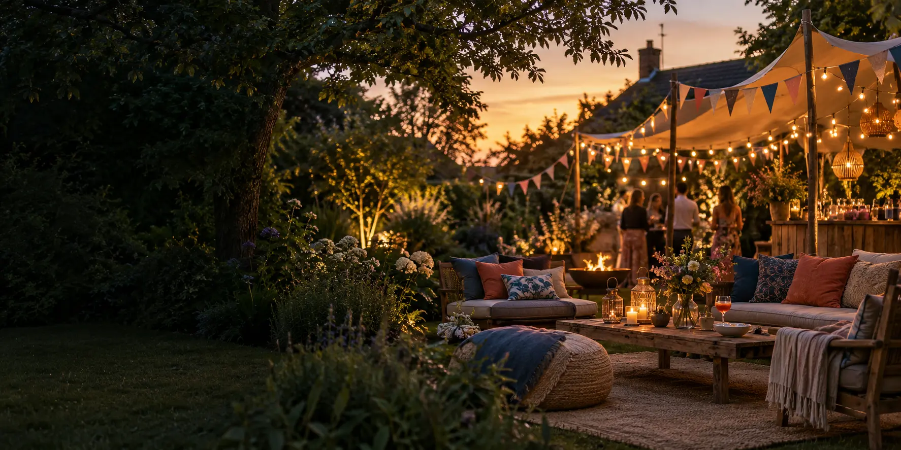 A private garden transformed into an intimate festival with a stretch canopy, lounge seating and festoon lights